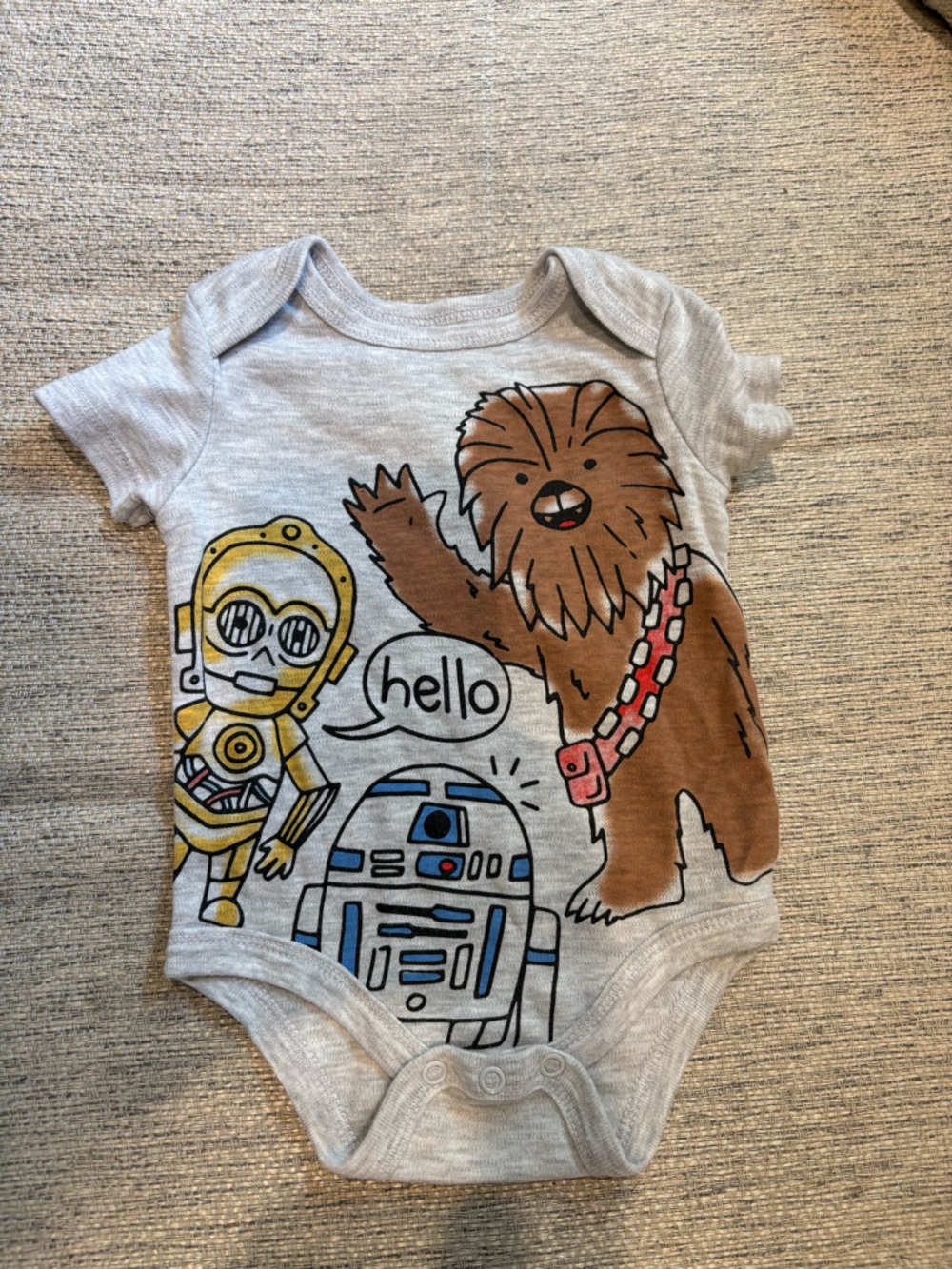 Star Wars Heather Gray Baby One-Piece with Chewbacca, C-3PO & R2-D2